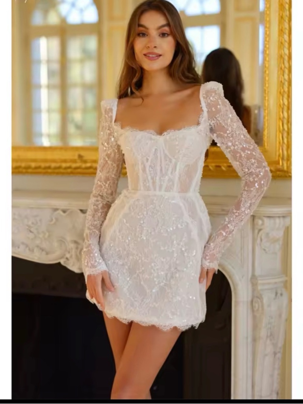 Elegant White Lace Mini Dress with Long Sheer Sleeves